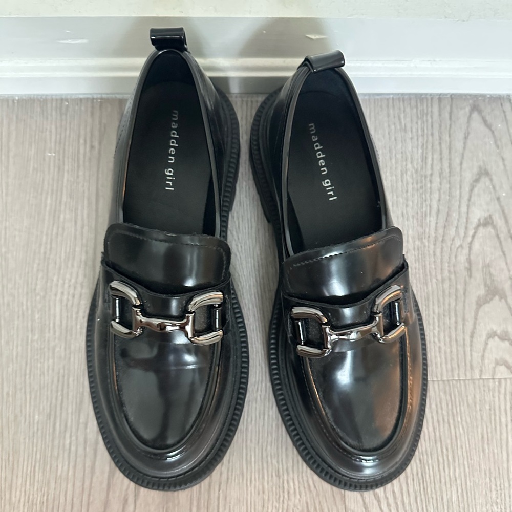 Madden Girl Shiny Black Loafers with Silver Accent